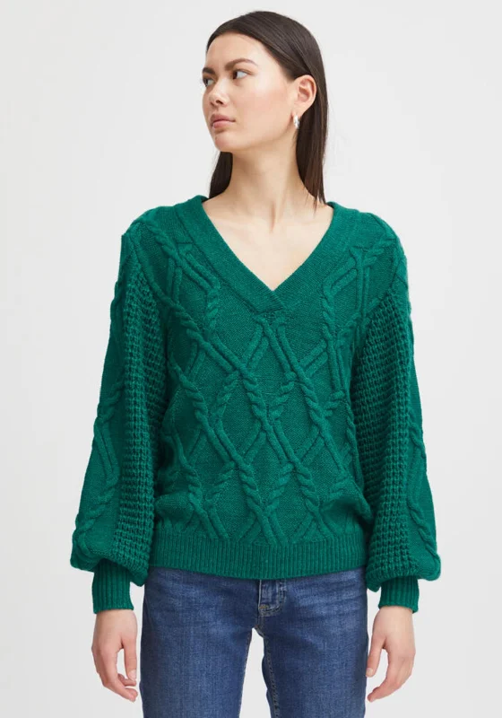 Ichi V Neck Chunky Cable Knit Jumper, Green Anti-Pilling Anti-Shrink Durable