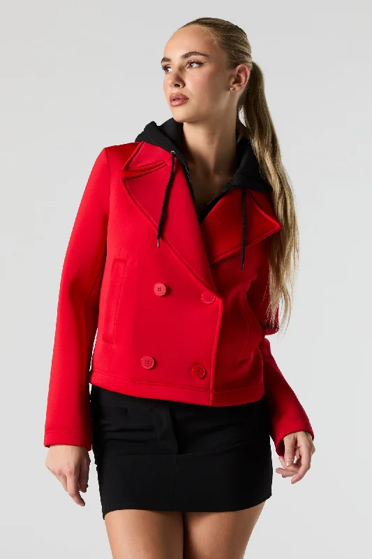 Scuba Cropped Coat with Hood Shawl Collar Notch Collar Lapel Collar