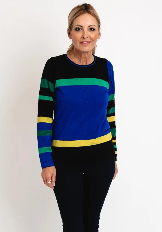 Micha Round Neck Stripe Knit Sweater, Multi Toggled Drawstring Belted