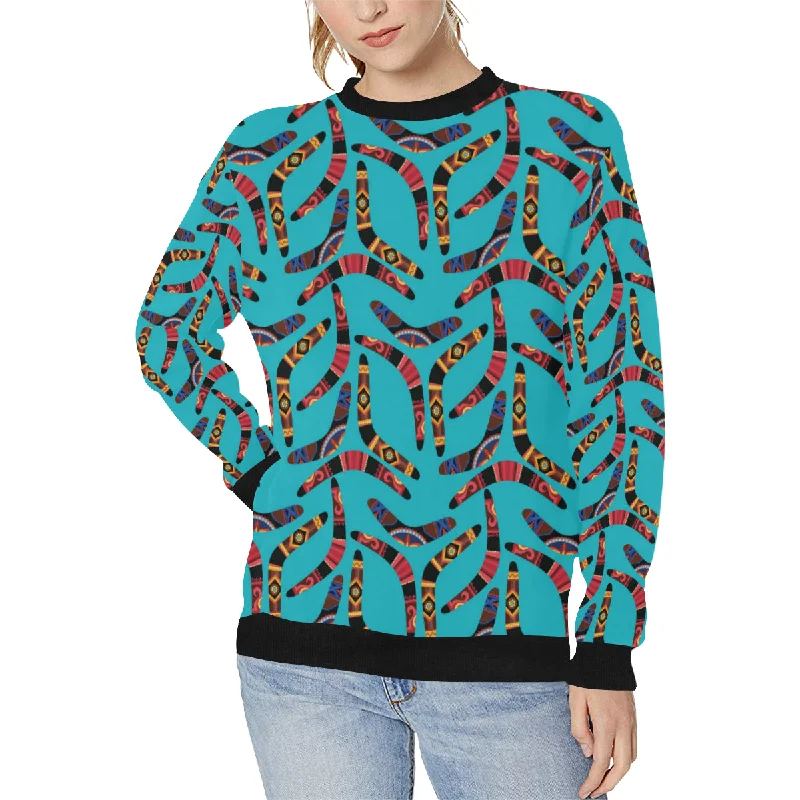 Boomerang Australian aboriginal ornament blue back Women's Crew Neck Sweatshirt Hoodie with Illustration Artistic Creative