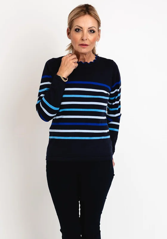 Micha Scallop Trim Neckline Striped Knit Sweater, Navy Fitted Loose Oversized