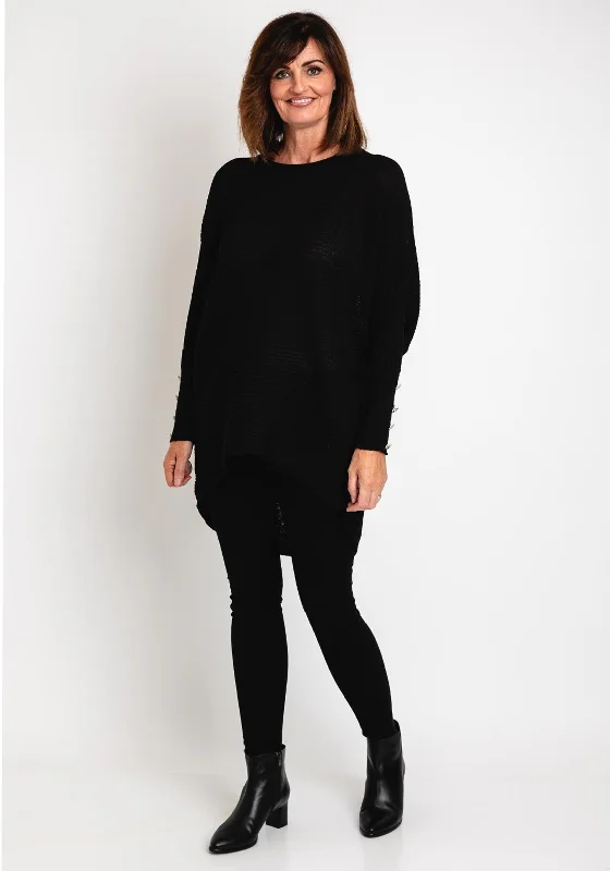 Serafina Collection One Size Embellished Cuff Longline Sweater, Black Modern Contemporary Chic