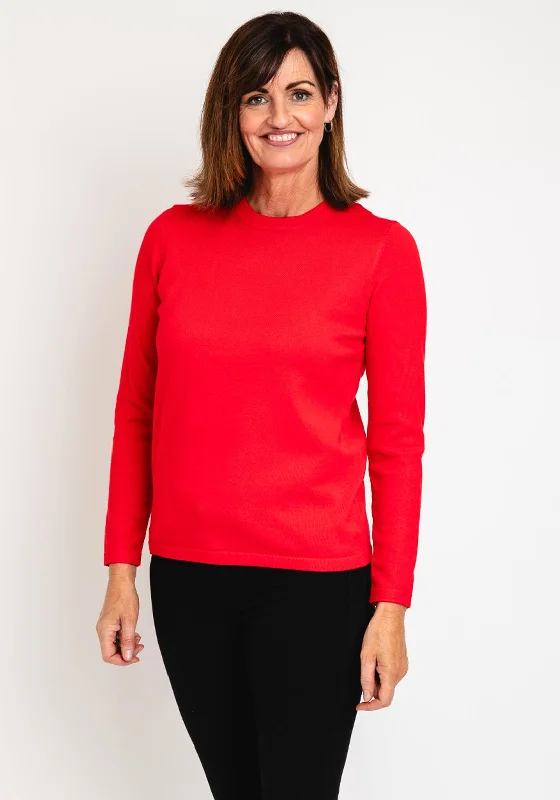 Natalia Collection Round Neck Sweater, Red Houndstooth Herringbone Solid