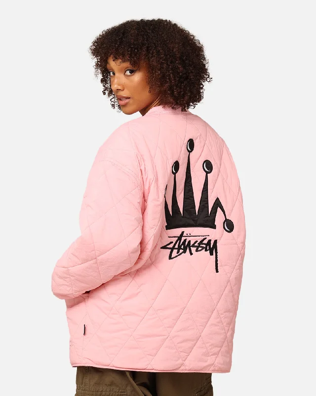 Stüssy Women's Stock Crown Quilted Jacket Pink Notch Collar Jacket Peter Pan Collar Jacket Cowl Neck Jacket