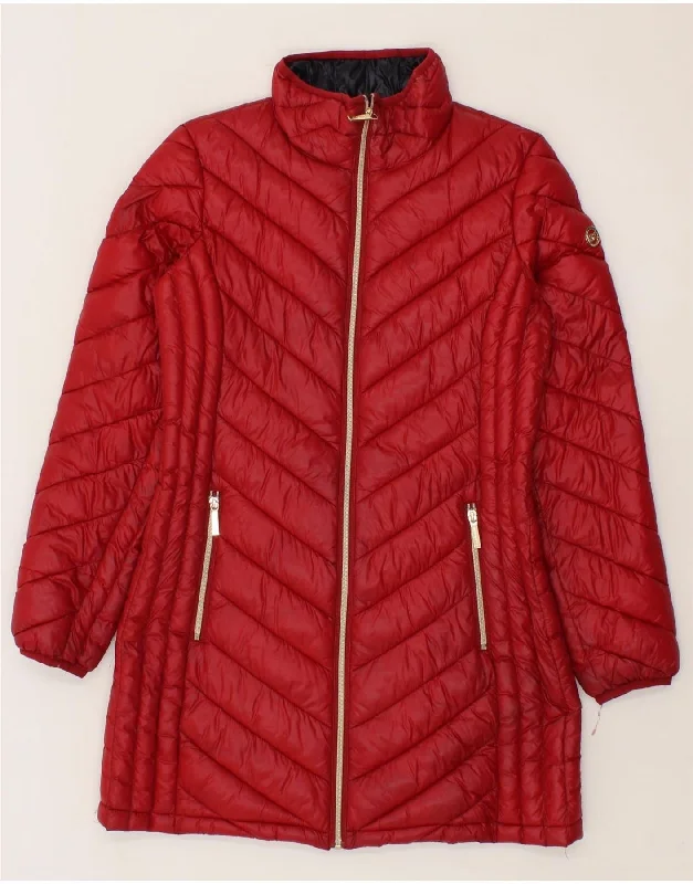 MICHAEL KORS Womens Padded Coat UK 10 Small Red Nylon Tie-Waist Belted Drawstring