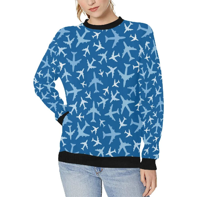 Airplane pattern in the sky Women's Crew Neck Sweatshirt Hoodie with Monochrome Minimalist Simple