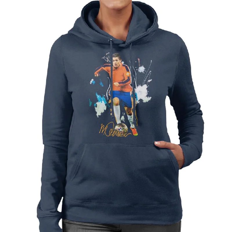 Sidney Maurer Original Portrait Of Football Star Cristiano Ronaldo Women's Hooded Sweatshirt Hoodie with Raw Hem Edgy Unfinished