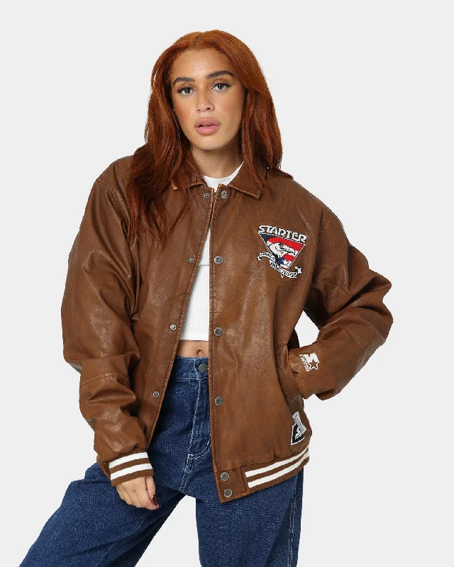 Starter Symbol Leather Jacket Brown A-Line Jacket Boat Neck Shawl Collar