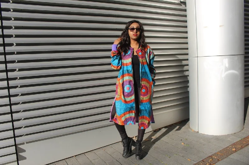 African Trench Coat in Blue Ankara Print - Festival Coat Coat Overcoat Trench Coat