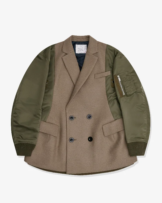 Sacai - Women's Wool Melton X Nylon Twill Quilted Jacket - (Beige/Green) Snapped Jacket Toggled Jacket Drawstring Jacket