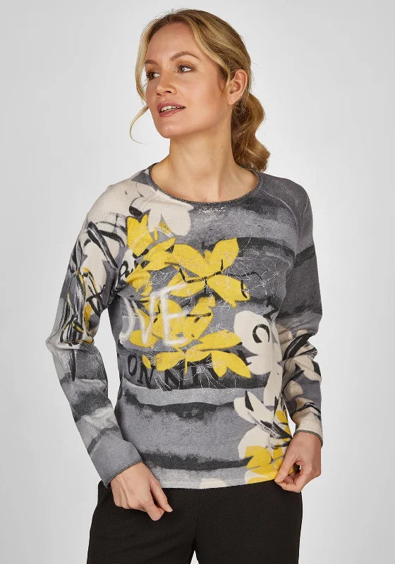 Rabe Floral Print with Glitter Accents Sweater, Grey Soft Cozy Warm