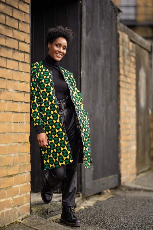 African Coat in Green Ankara Print - Festival Clothing Suede Jacket Faux Fur Jacket Puffer Jacket