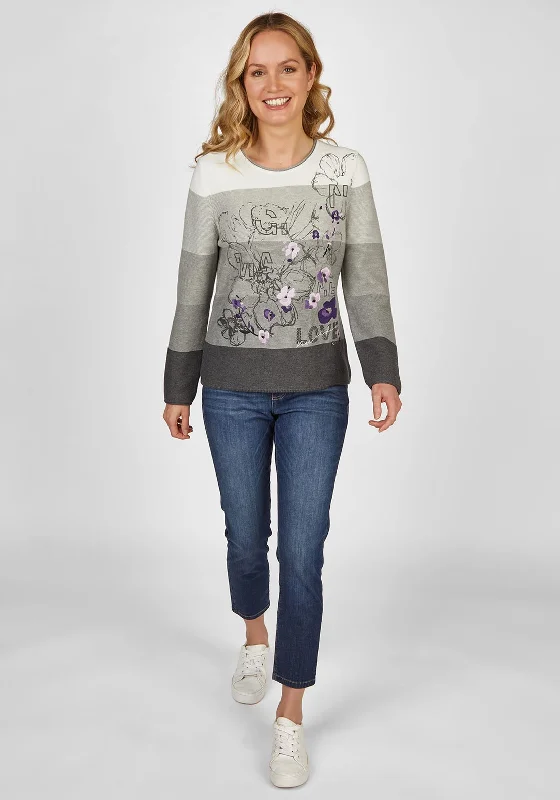 Rabe Flower Print Ribbed Sweater, Gray Casual Formal Business