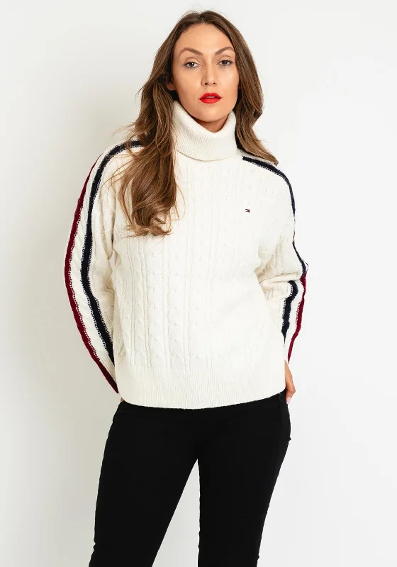 Tommy Hilfiger Womens Wool Blend Cable Knit Sweater, Off White Welt Pockets Slit Pockets Flap Pockets