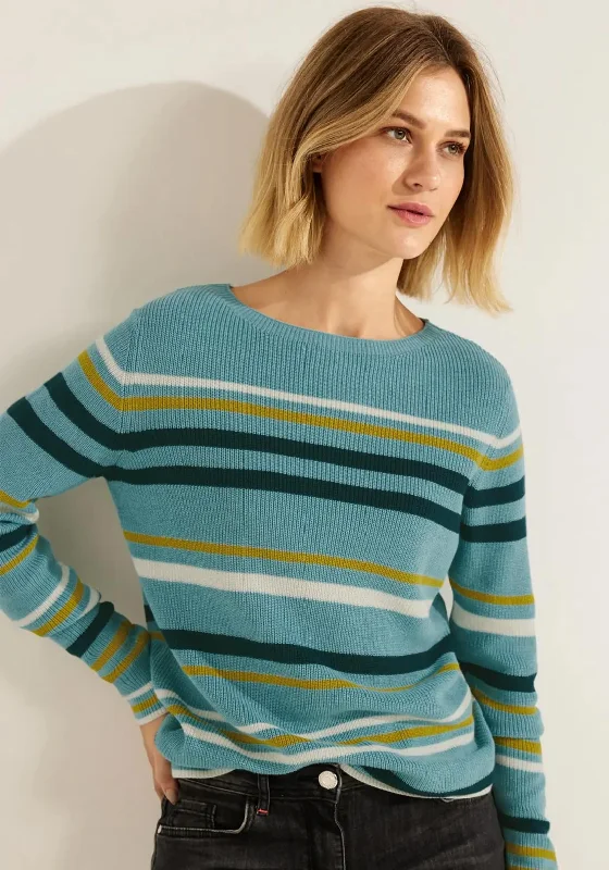 Cecil Multicolour Striped Fine Knit Sweater, Reef Blue Melange Wool Fabric Cashmere Fabric Tweed Fabric