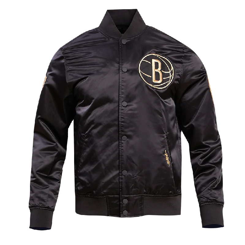 BROOKLYN NETS GOLD LOGO SATIN JACKET (BLACK) Oversized Jacket Tailored Jacket Straight Jacket