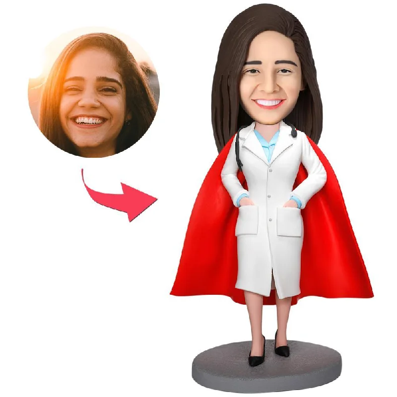 Super Female Doctor With White Coat Custom Bobblehead With Engraved Text Chenille Brocade Lace