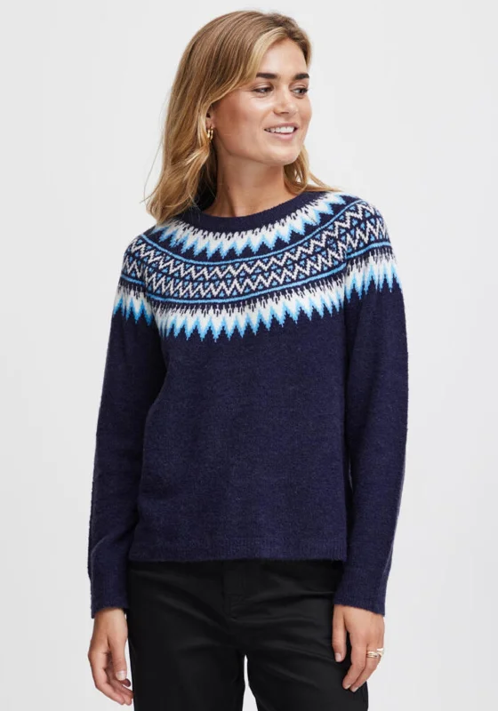 Fransa Nordic Pattern Neck Jumper, Navy Soft Cozy Warm