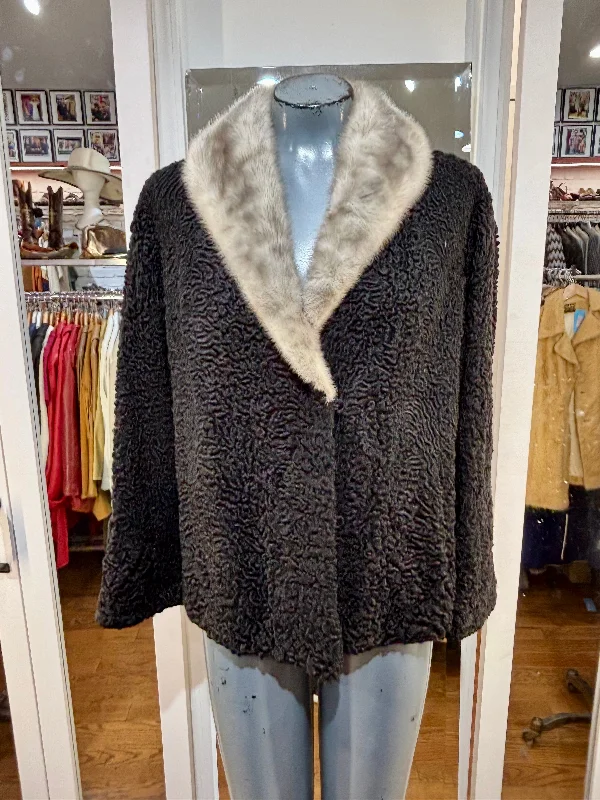 60’s Persian Lamb Short Coat With Gray Mink Collar Striped Polka Dot Floral