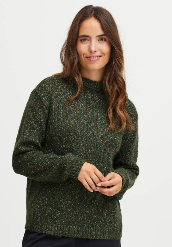 Fransa Mock Neck Knit Jumper, Forest Green Silk Blend Satin Velvet