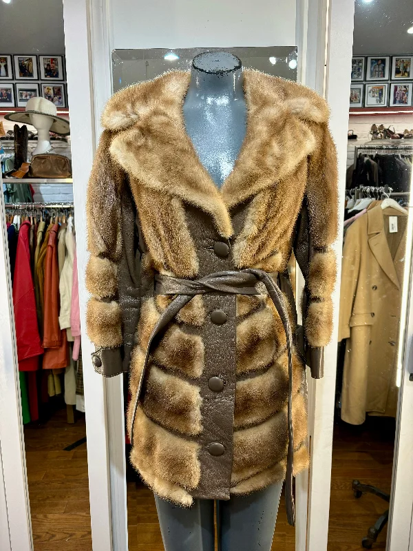 70’s Light Brown Fur Mink & Leather Coat By Walowitz Furs Herringbone Houndstooth Plaid