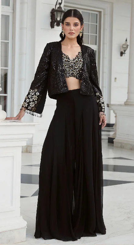 Black Sharara Set With Jacket Ribbed Jacket Pleated Jacket Ruffled Jacket