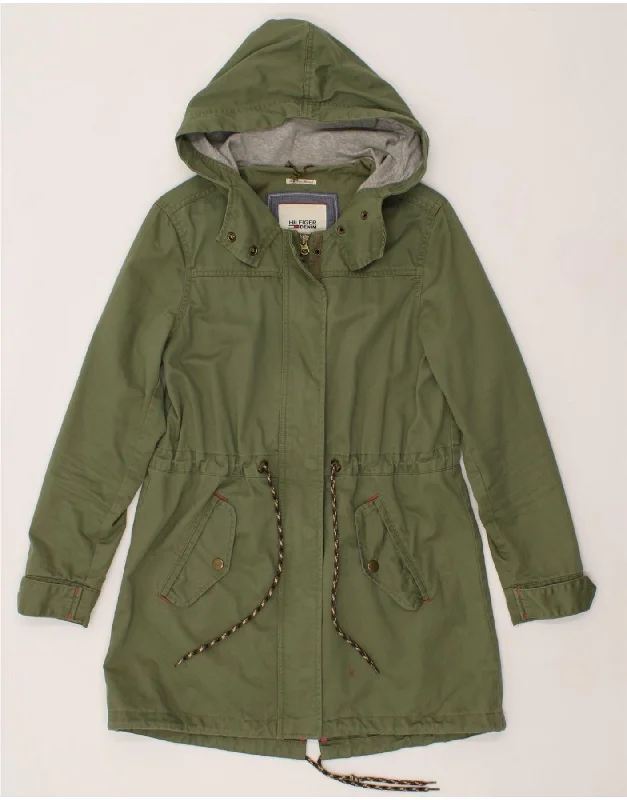 TOMMY HILFIGER Womens Hooded Windbreaker Coat UK 10 Small Green Nylon Hook-and-Loop Buckled Tied