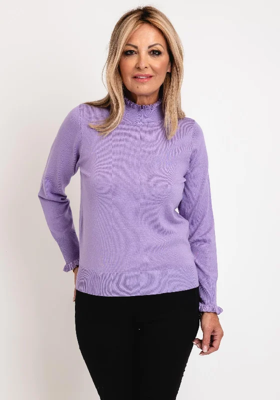 Micha Frilled High Neck Sweater, Lilac Embroidered Appliqued Beaded