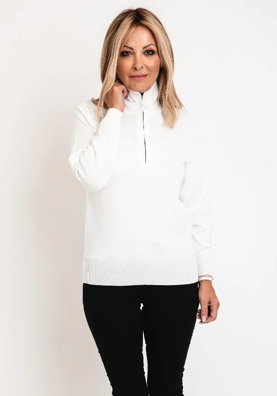 Micha Zip Funnel Neck Sweater,White Terry Blend Velvet Blend Canvas Blend