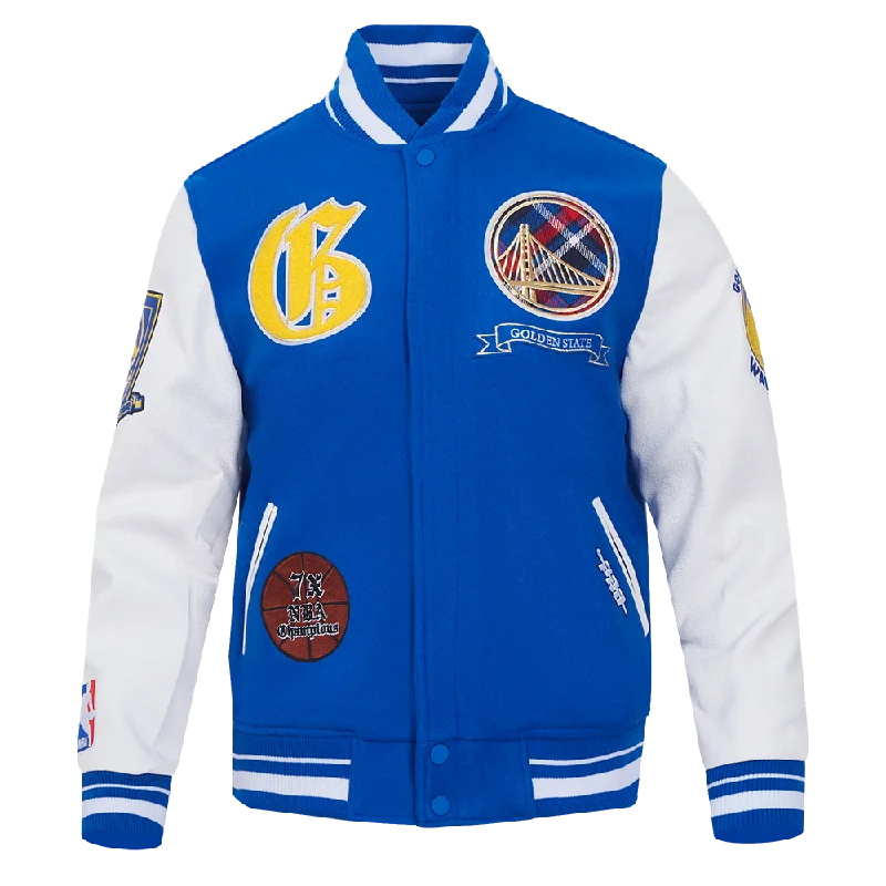 NBA GOLDEN STATE WARRIORS PRO PREP WOOL VARSITY JACKET (ROYAL BLUE/WHITE) Toggled Jacket Drawstring Jacket Belted Jacket