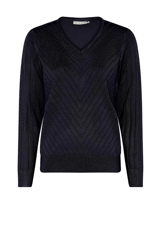 Micha Embroidered V Neck Sweater, Navy Elasticated Padded Insulated