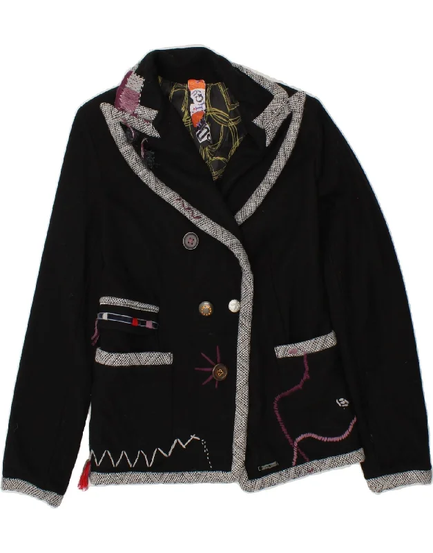 DESIGUAL Womens Double Breasted Coat EU 40 Medium Black Patchwork Wool Denim Leather Suede