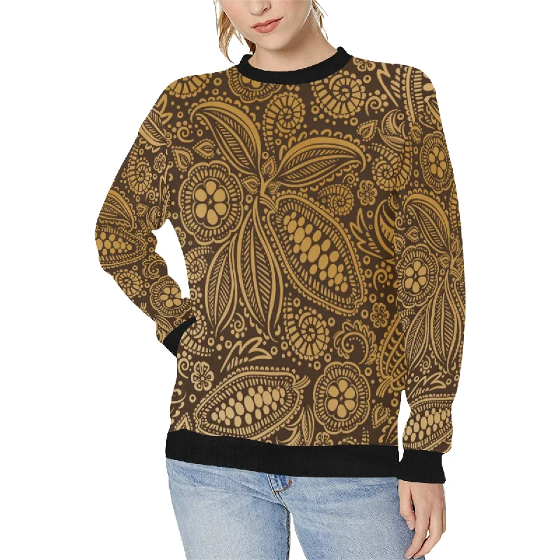 cacao beans tribal polynesian pattern background Women's Crew Neck Sweatshirt Hoodie with Rolled Sleeves Casual Relaxed