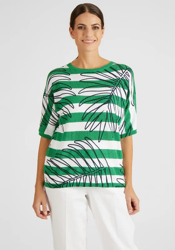 Rabe Leaf Outline Striped Sweater, Green & White Solid Print Embellished