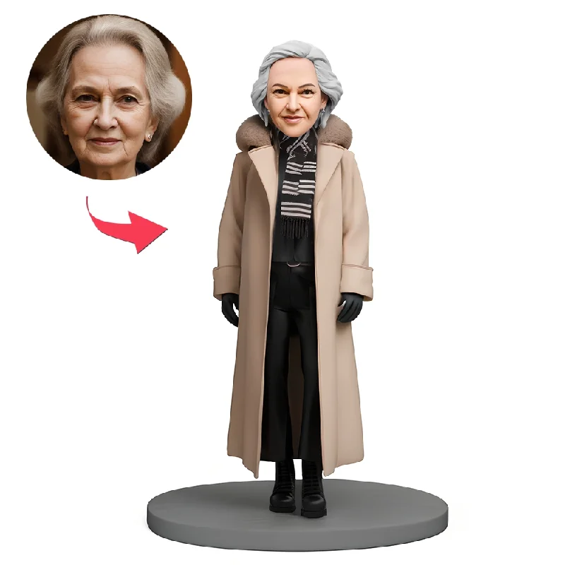 Custom Bobblehead Elderly Woman Wearing Stylish Long Coat Herringbone Houndstooth Plaid