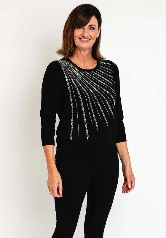 Natalia Collection Embellished Knit Sweater, Black Lace Blend Ribbed Blend Corduroy Blend