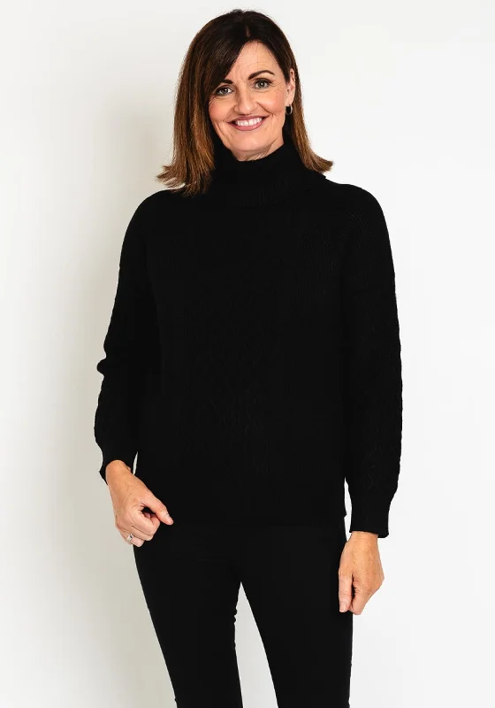 Natalia Collection High Neck Cable Knit Sweater, Black Chenille Blend Fleece Blend Nylon Blend