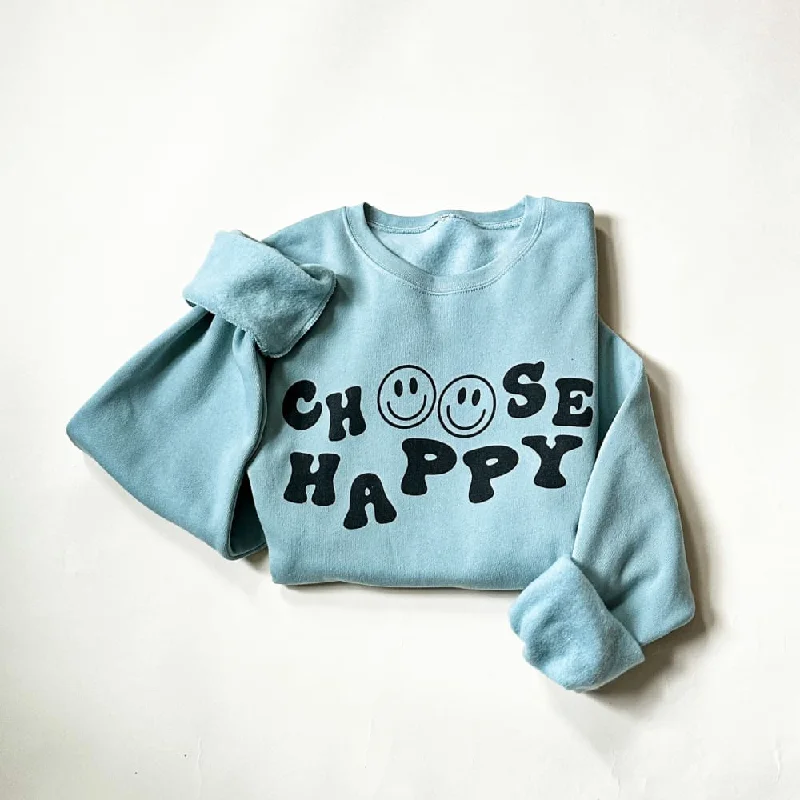 Choose Happy Sweatshirt - Dusty Blue Hoodie with Hem Lace Feminine Delicate