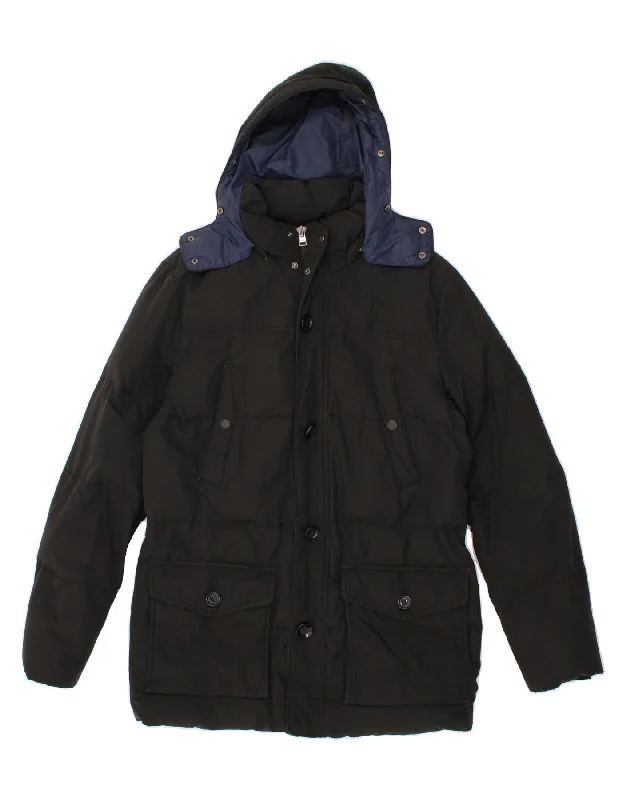 TOMMY HILFIGER Mens Hooded Padded Coat UK 38 Medium Black Cotton Tailored Straight A-Line