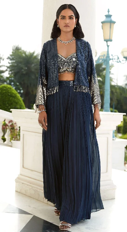 Blue Sharara Set With Jacket Welt Pockets Slit Pockets Flap Pockets