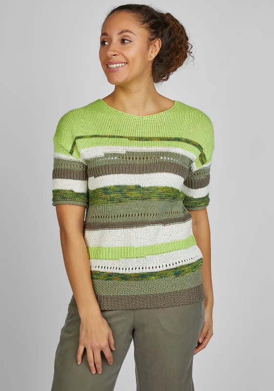 Rabe Striped Knit Short Sleeve Jumper, Green Boxy Sweater Fitted Sweater A-Line