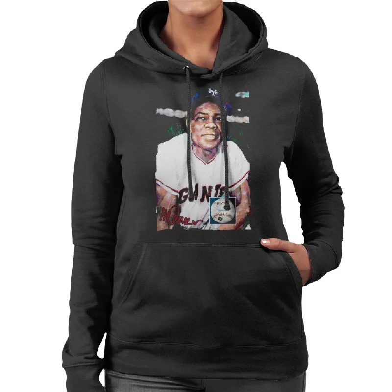 Sidney Maurer Original Portrait Of Giants Star Willie Mays Women's Hooded Sweatshirt Hoodie with Sequins Glamorous Eye-catching