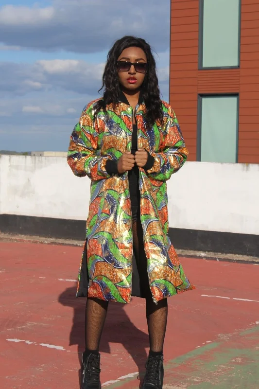 African Trench Coat in Gold Green Ankara Print Parka Down Jacket Wool Coat