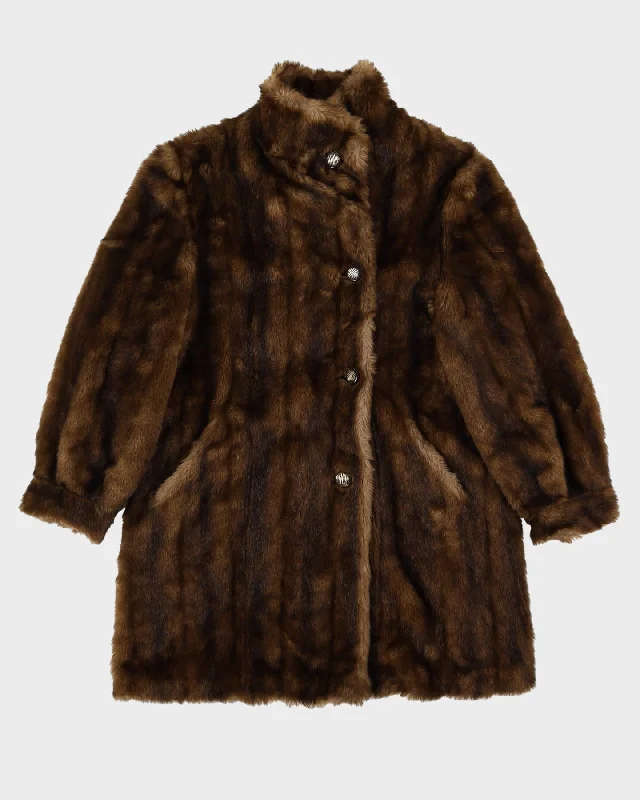 1980s Brown Faux Fur Short Coat - M Hook-and-Loop Buckled Tied