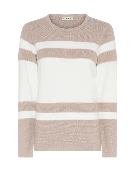 Micha Block Stripe Knit Sweater, Sand & Off White Hooded Caped Shawl Collar