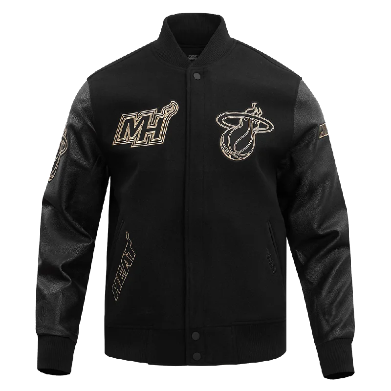 NBA MIAMI HEAT BLACK & GOLD WOOL VARSITY JACKET (JET BLACK) Snapped Jacket Toggled Jacket Drawstring Jacket