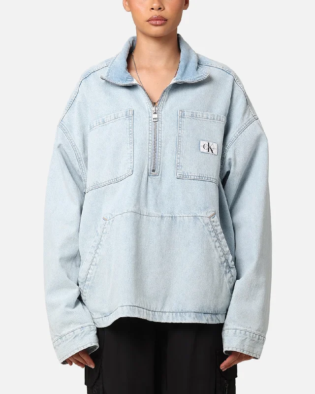 Calvin Klein Denim Pop Over Quarter Zip Jacket Light Blue Rayon Fabric Velvet Fabric Corduroy Fabric