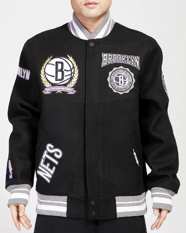 BROOKLYN NETS CREST EMBLEM RIB WOOL VARSITY JACKET (BLACK) Satin Fabric Silk Fabric Chiffon Fabric