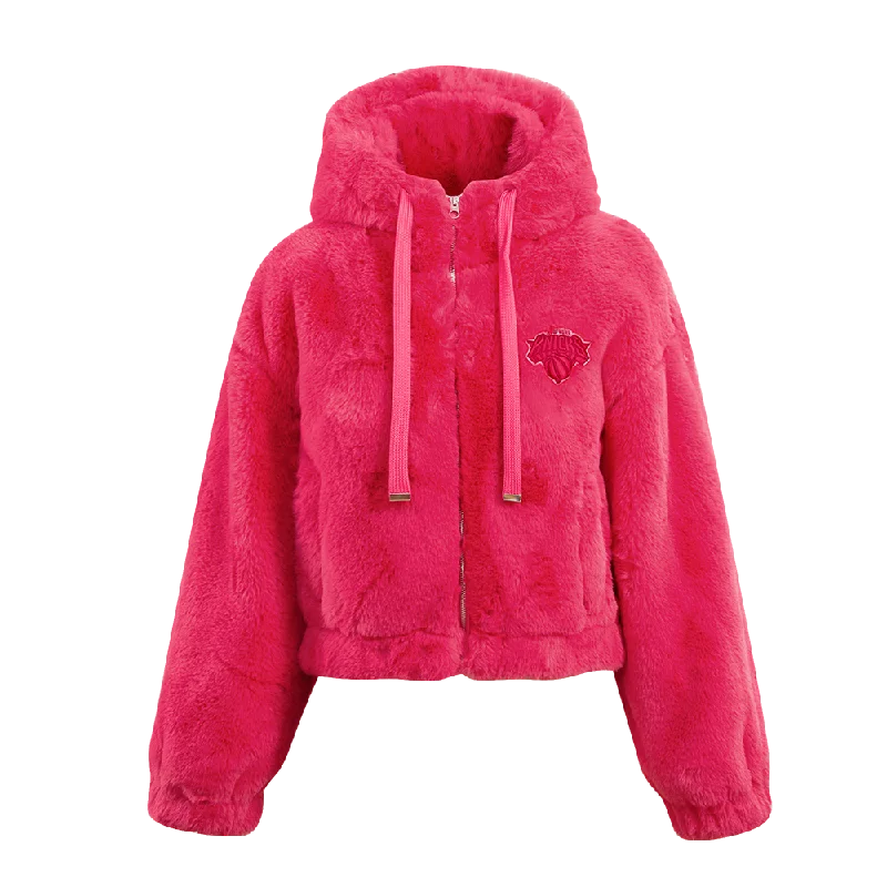 NBA NEW YORK KNICKS PINK CLOUD FAUX FUR JACKET (BEETROOT PURPLE) Fitted Jacket Loose Jacket Oversized Jacket