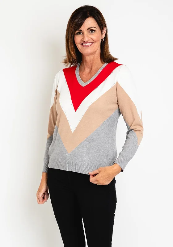 Natalia Collection V Pattern Knit Sweater, Multi Terry Blend Velvet Blend Canvas Blend